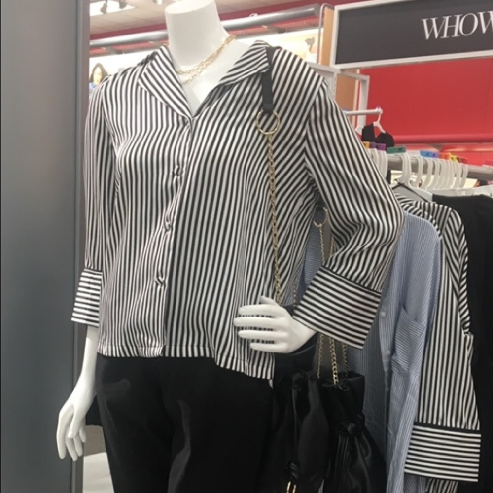 Who What Wear Black and White Striped Button Up
